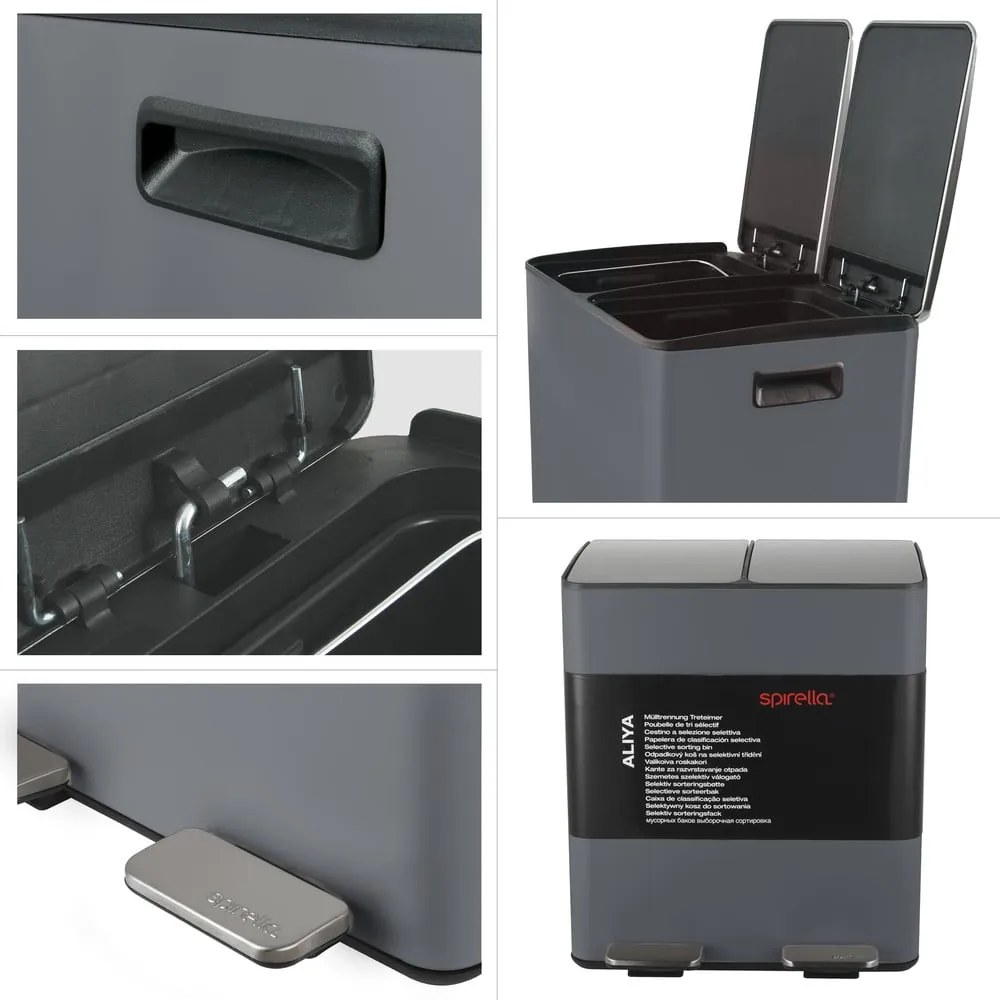 Тъмносиво стоманено кошче за боклук 2x20 l за рециклиране с педал Aliya – Spirella
