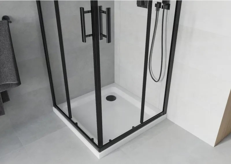 Mexen Rio квадратна душ кабина 80 x 80 см, прозрачна, черна + корито Flat, бяло