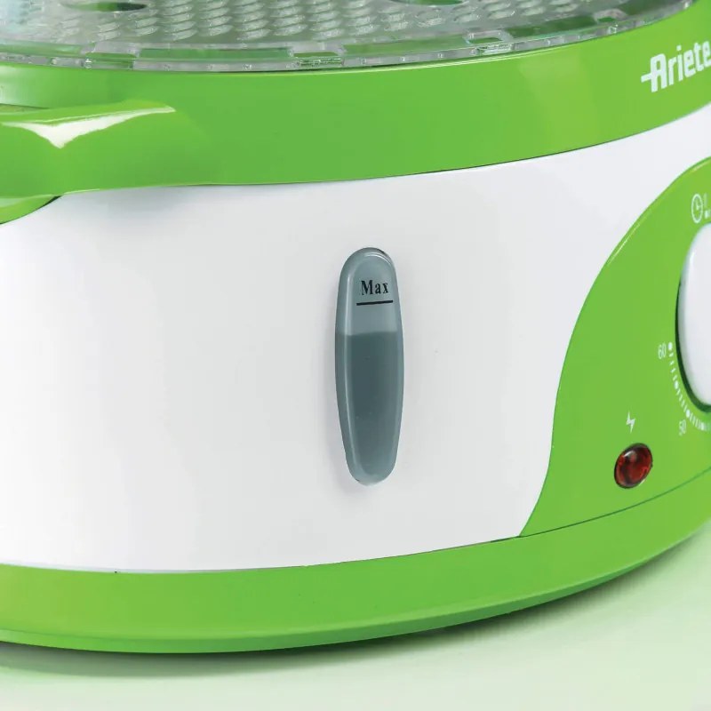 Уред за готвене на пара Ariete HEALTHY STEAM 0911/01, 800W, 9 л, 3 кошници, Таймер, Външно пълнене, Бял/зелен