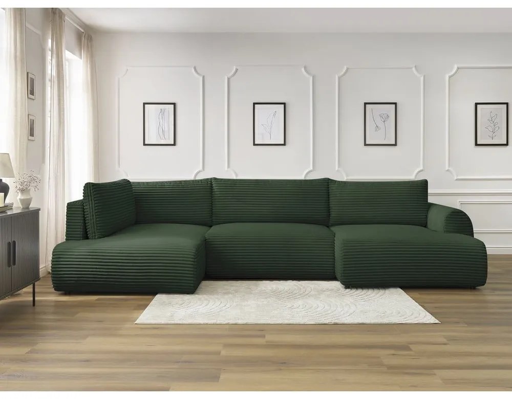 Тъмнозелен разтегателен ъглов диван от рипсено кадифе (десен ъгъл/"U" форма) Lucien – Bobochic Paris