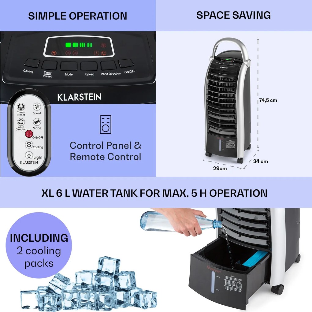 Klarstein Maxfresh, охладител на въздуха, 4 in 1, 65W, с дистанционно управление, 2 пакета с лед