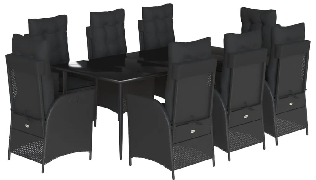 3213182 vidaXL Градински трапезен комплект възглавници 9 части черен полиратан