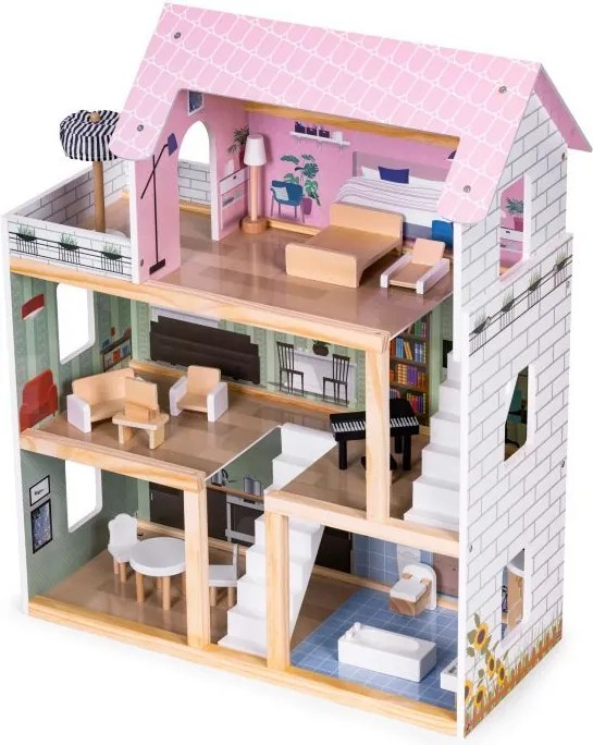 Многоетажна дървена къща за кукли с мебели