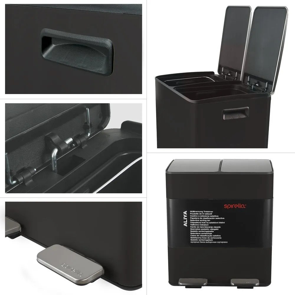 Матово черно стоманено кошче за боклук 2x20 l за рециклиране с педал Aliya – Spirella