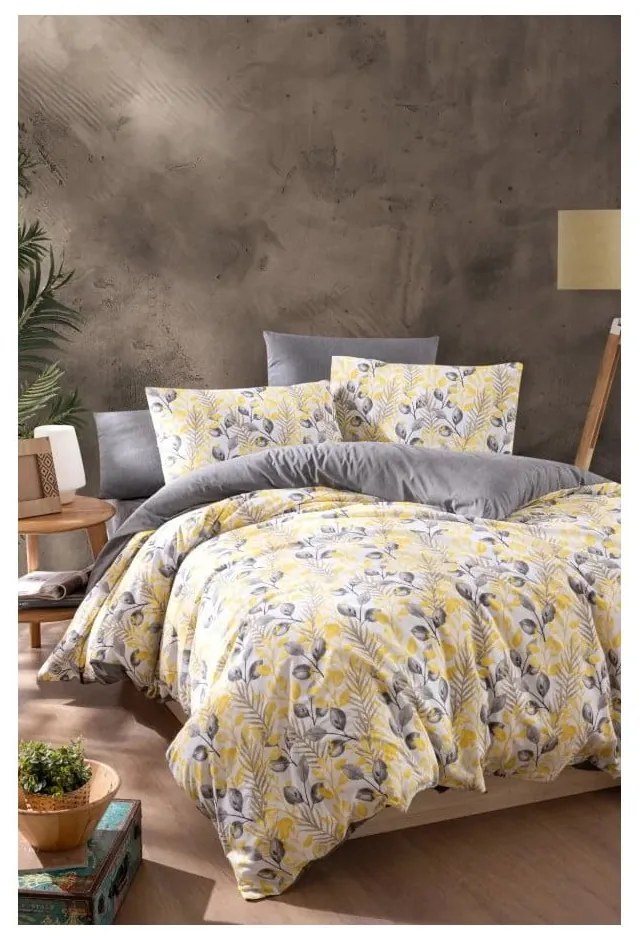 Жълто и сиво двойно удължено спално бельо с включен долен чаршаф 4 части 200x220 cm Leaves – Mila Home