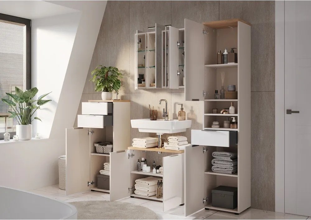 Кремав гланцов висок/тесен шкаф за баня 39x112 cm Tavira – Germania