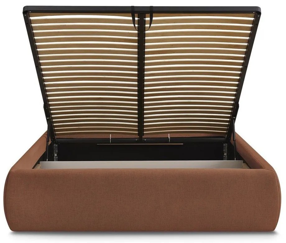 Оранжево тапицирано двойно легло без табла с място за съхранение и включена подматрачна рамка 160x200 cm Inera – Bobochic Paris