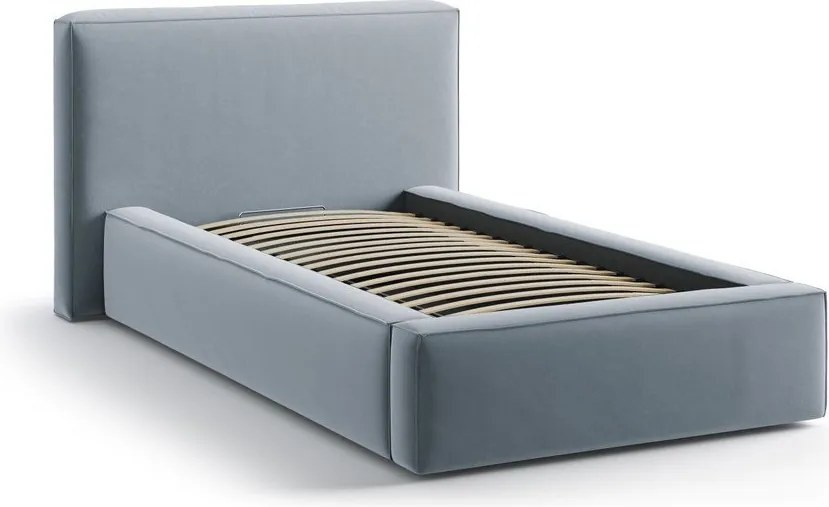 Светлосиньо единично легло 90x200 cm тапицирано с място за съхранение с включена подматрачна рамка Jodie – Micadoni