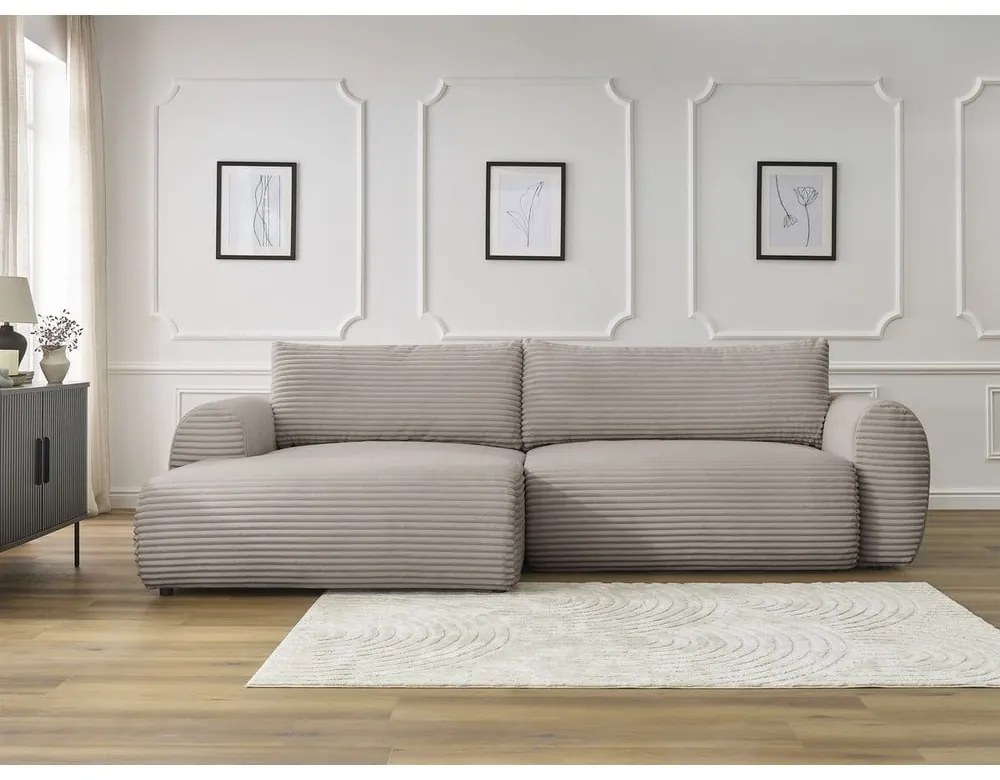 Светлосиво-бежов разтегателен ъглов диван от рипсено кадифе (ляв ъгъл) Lucien – Bobochic Paris