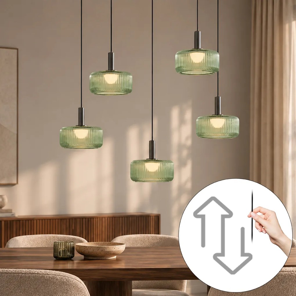Fiera Designer Pendant Lamp: Gunmetal Finish with Green Glass, Integrated LED, 3-Step Dimmable, 5-Light Easylift