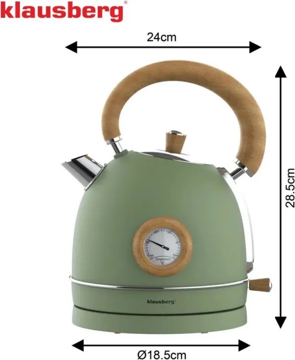 Електрическа кана-чайник Klausberg KB 9008, 2200W, 1.8 л, 360° основа, Индикатор ниво вода, Термометър, Зелен
