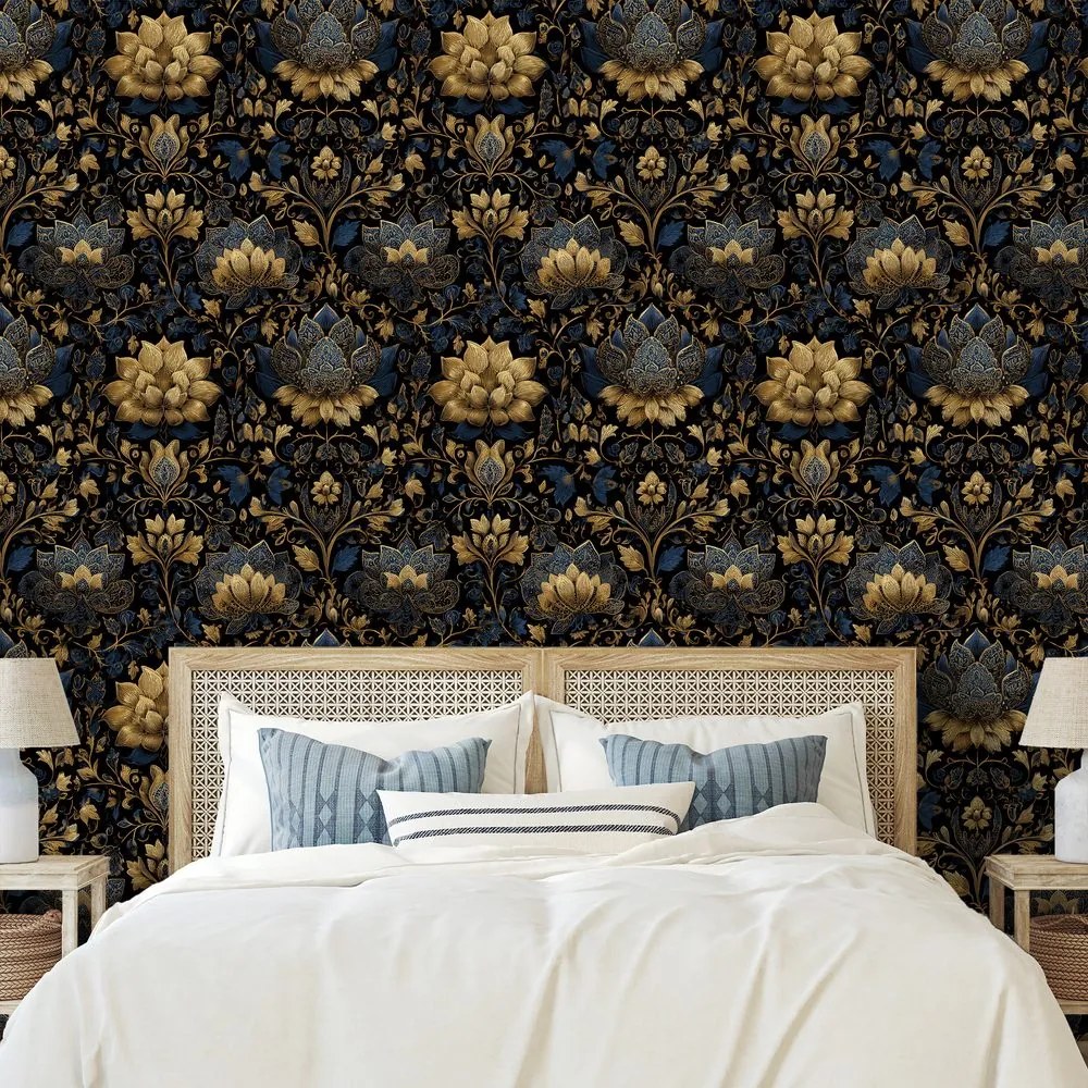 Самозалепващ фототапет – Златни цветя на тъмен фон