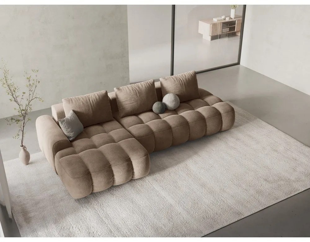 Светлокафяв кадифен сгъваем/с място за съхранение ъглов диван (ляв ъгъл) Linz – Cosmopolitan Design