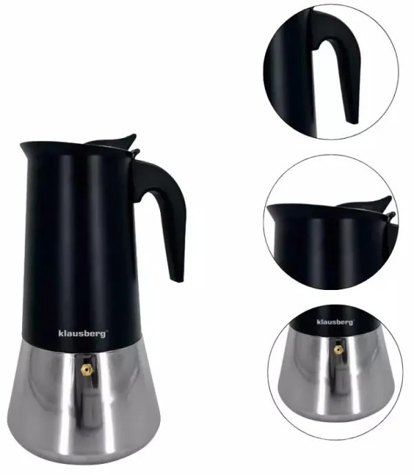 Кубинска кафеварка Klausberg KB 7847, 12 чаши, 600 мл, Неръждаема стомана, Индукция, Черен/Инокс