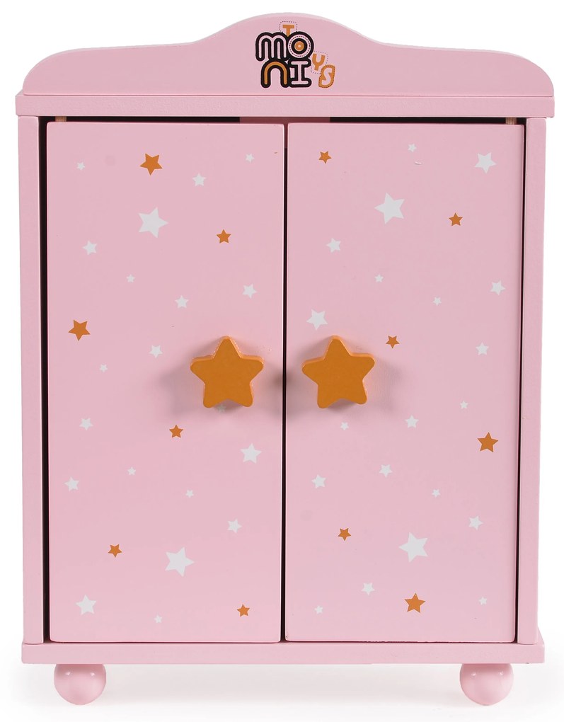 Moni toys  -  Дървен гардероб за кукли с 3 закачалки розов