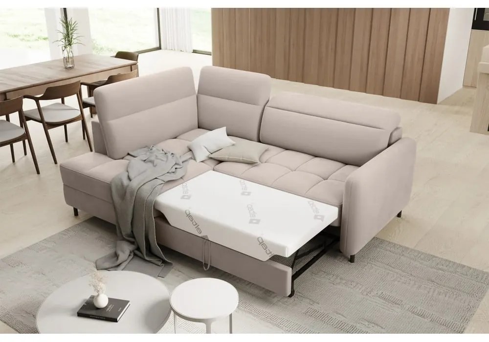 Светлокафяв кадифен разтегателен ъглов диван с място за съхранение (ляв ъгъл L форма) Barea – ELTAP