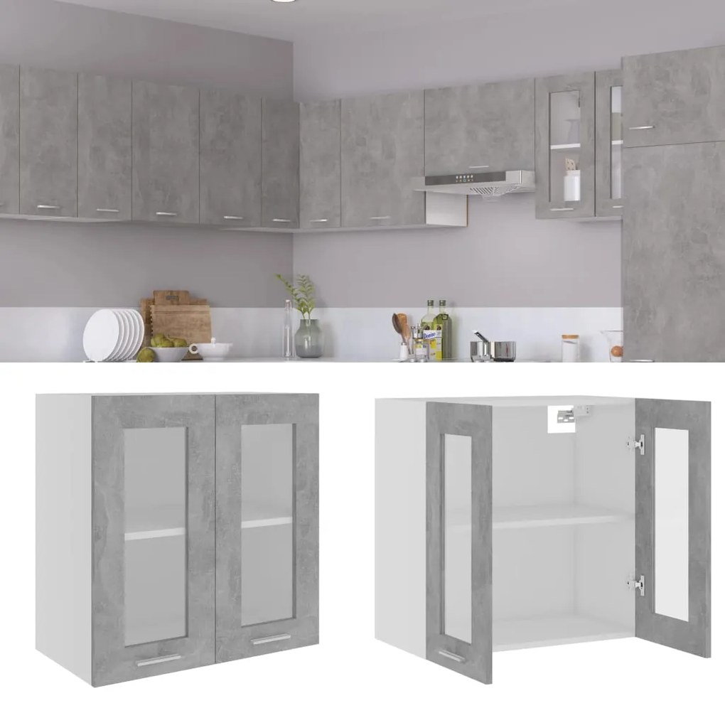 802525 vidaXL Висящ стъклен шкаф "Lyon", бетонно сив, 60x31x60 см, инженерно дърво