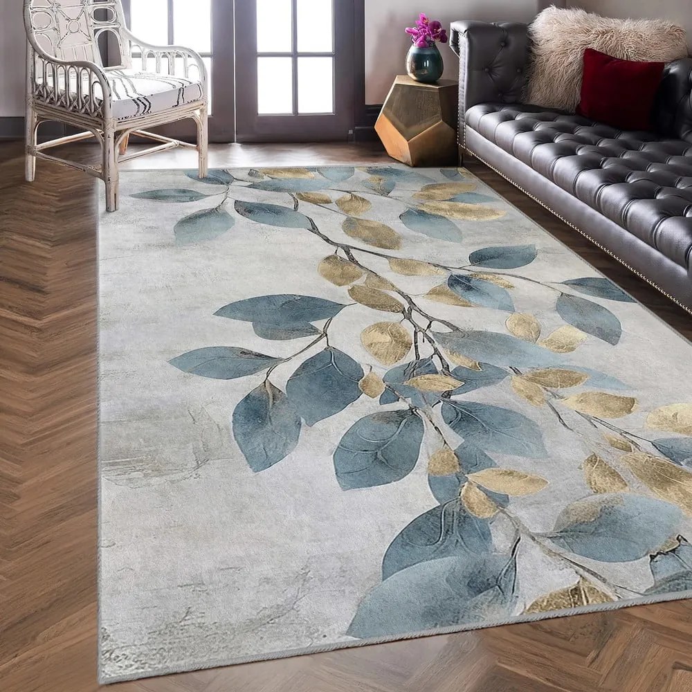 Светлосиньо-златист килим подходящ за пране 120x180 cm Golden Leaves – Mila Home