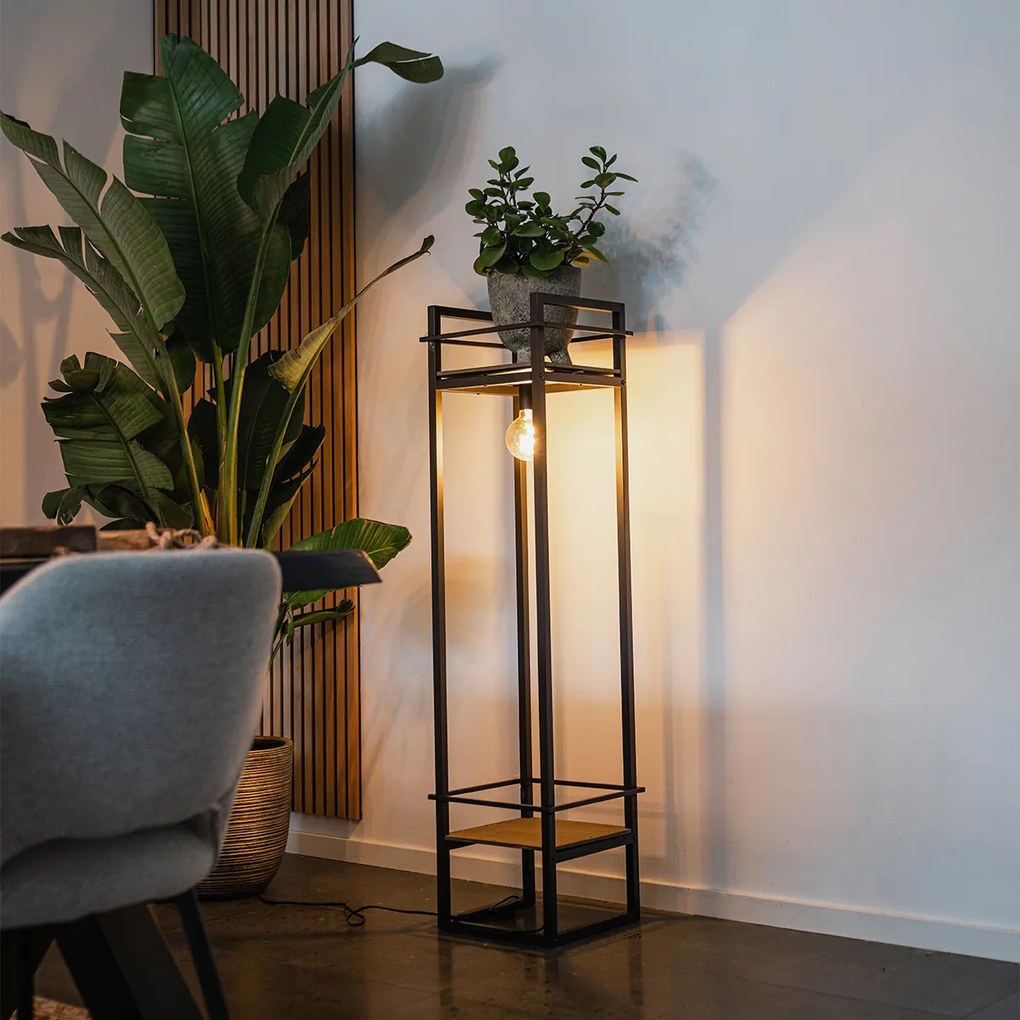 Индустриална подова лампа черна с дърво - Cage Rack