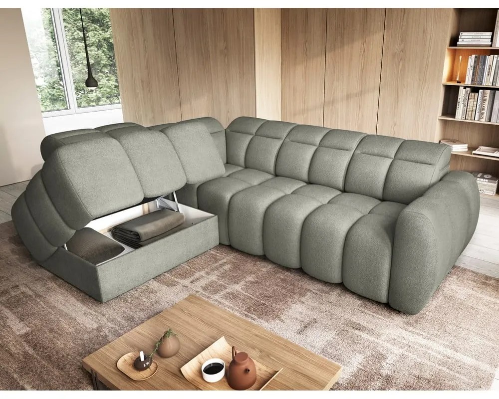 Сиво-зелен разтегателен ъглов диван с място за съхранение от букле (ляв ъгъл L форма) Falconn – ELTAP