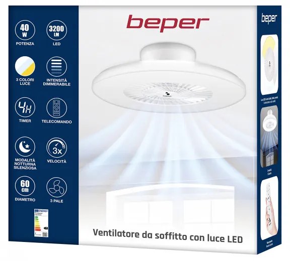 Вентилатор за таван с LED лампа 2в1 Beper P206VEN650, 40W, 3 скорости, Таймер, Бял