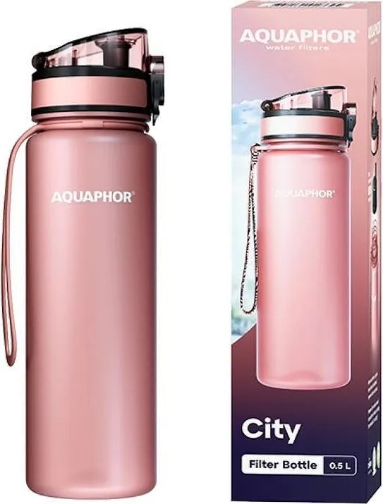 Филтрираща бутилка за вода Aquaphor City 160041, 500 мл, Тритан, Активен въглен, Aqualen, Заключващ се капак, Пудрено розов