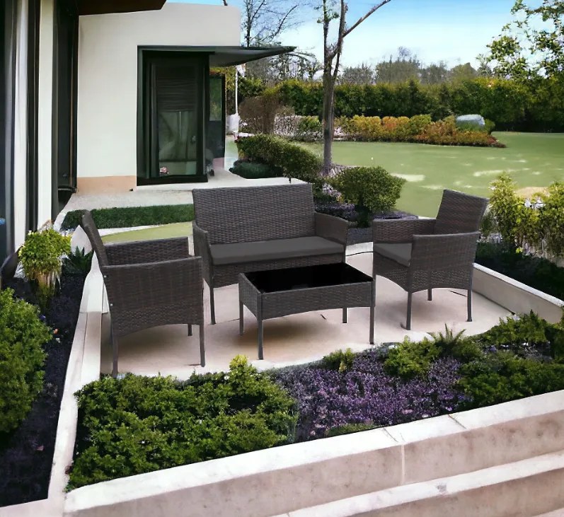 Елегантен комплект градински дивани от ратан с маса в кафяво