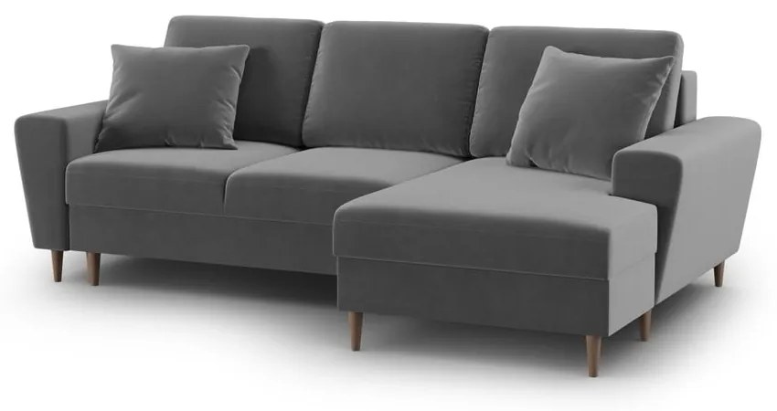 Светлосив кадифен разтегателен ъглов диван с място за съхранение (десен ъгъл) Kyoto – Cosmopolitan Design