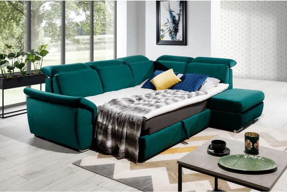 Зелен кадифен разтегателен ъглов диван с място за съхранение (десен ъгъл L форма) Loreto – ELTAP