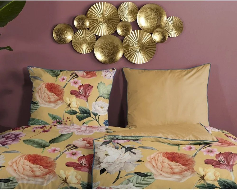 Жълт чаршаф от органичен памук за единично легло Flowery, 140 x 200 cm Organic - Descanso