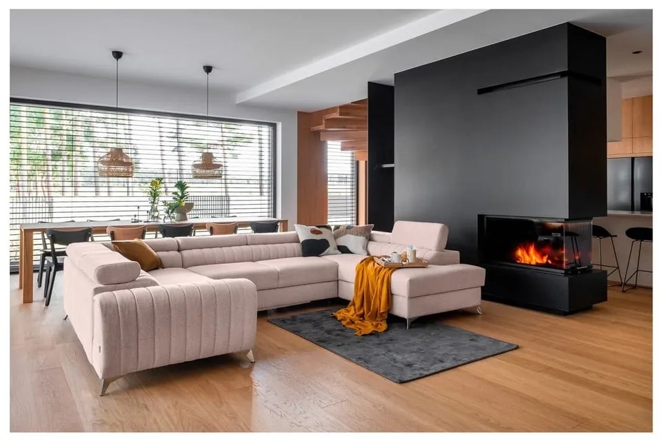 Розов разтегателен ъглов диван с място за съхранение (десен ъгъл U форма) Louis – ELTAP