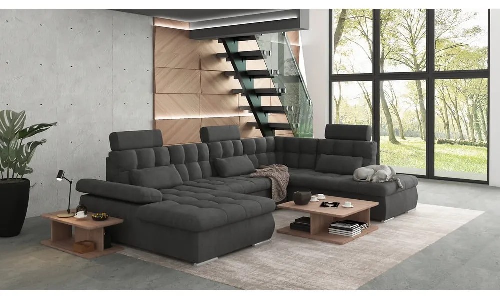 Антрацитен разтегателен ъглов диван с място за съхранение (десен ъгъл/U форма) Merkur – Ropez