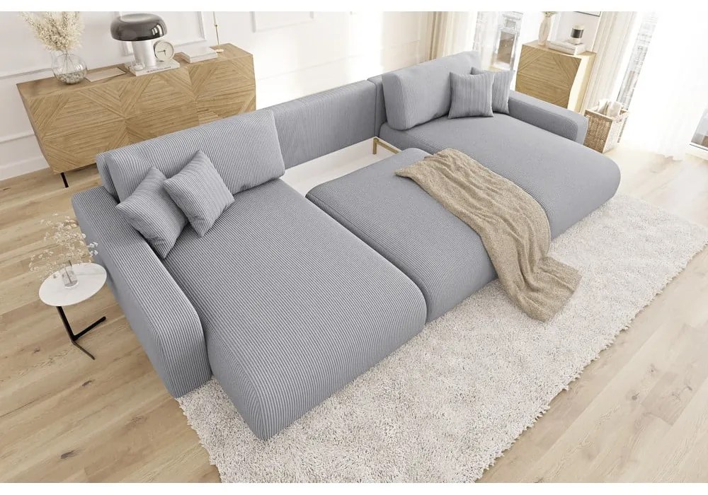 Светлосив ъглов диван с място за съхранение от рипсено кадифе Sara – Ropez