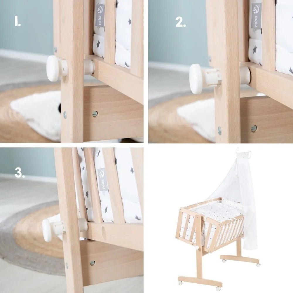 Люлка 40x90 cm от масивен бук на колелца/с балдахин в естествен цвят – Roba