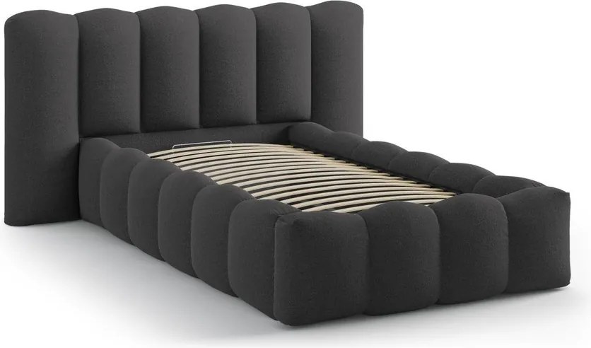Антрацитно единично легло 90x200 cm тапицирано с място за съхранение с включена подматрачна рамка Lupine – Micadoni