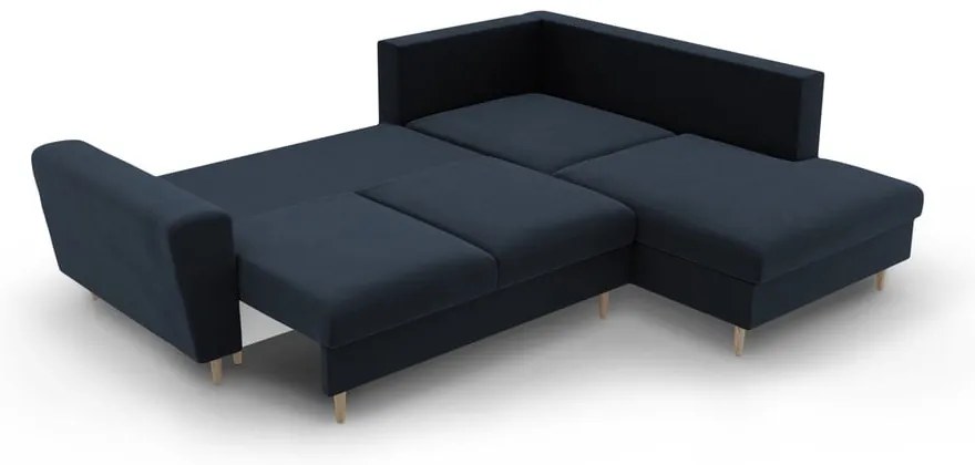 Тъмносин кадифен разтегателен ъглов диван с място за съхранение (десен ъгъл/L форма) Kyoto – Cosmopolitan Design