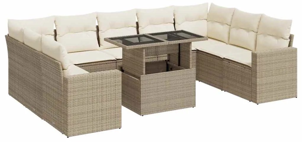 3326379 vidaXL Градински диван с възглавници, 10 части, бежов полиратан