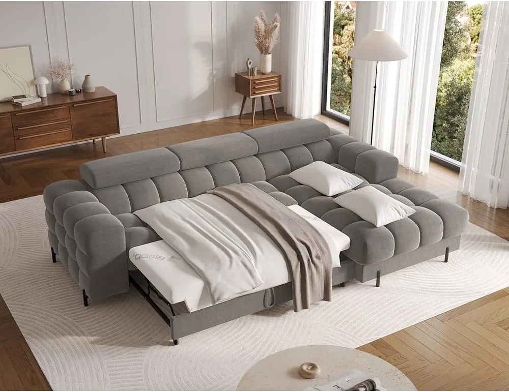 Кафяво-сив кадифен разтегателен ъглов диван с място за съхранение (десен ъгъл) Felro – ELTAP