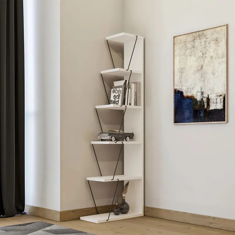 Разопакован: Етажерка за под Kalune Design 854KLN3607, 150х50 см, 6 нива, Меламиново покритие/метал, Бял/черен
