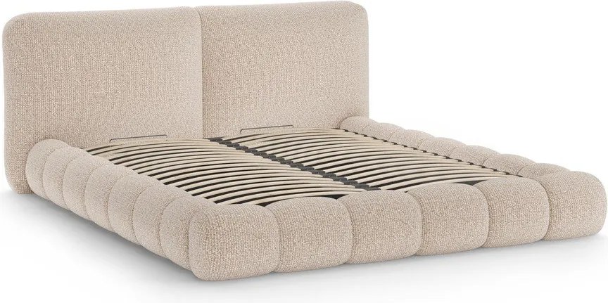 Сиво-бежово тапицирано двойно легло с място за съхранение и включена подматрачна рамка 160x200 cm Solange – Micadoni