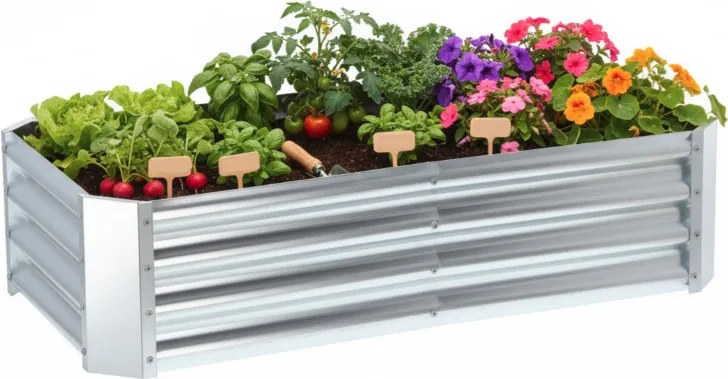 Правоъгълна повдигната метална градинска леха в сребрист цвят 240 × 120 × 30 cm