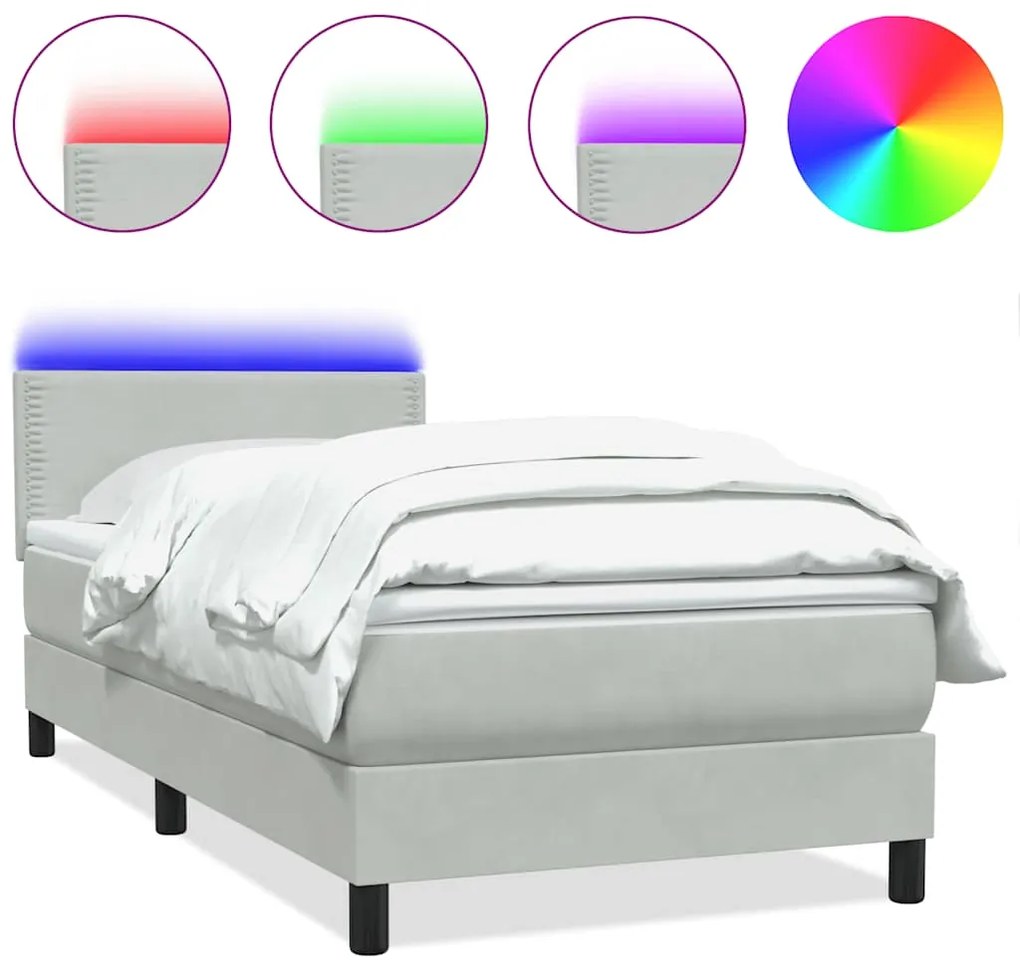 3316767 vidaXL Боксспринг легло с матрак и LED, светлосиво, 90x210 см, кадифе