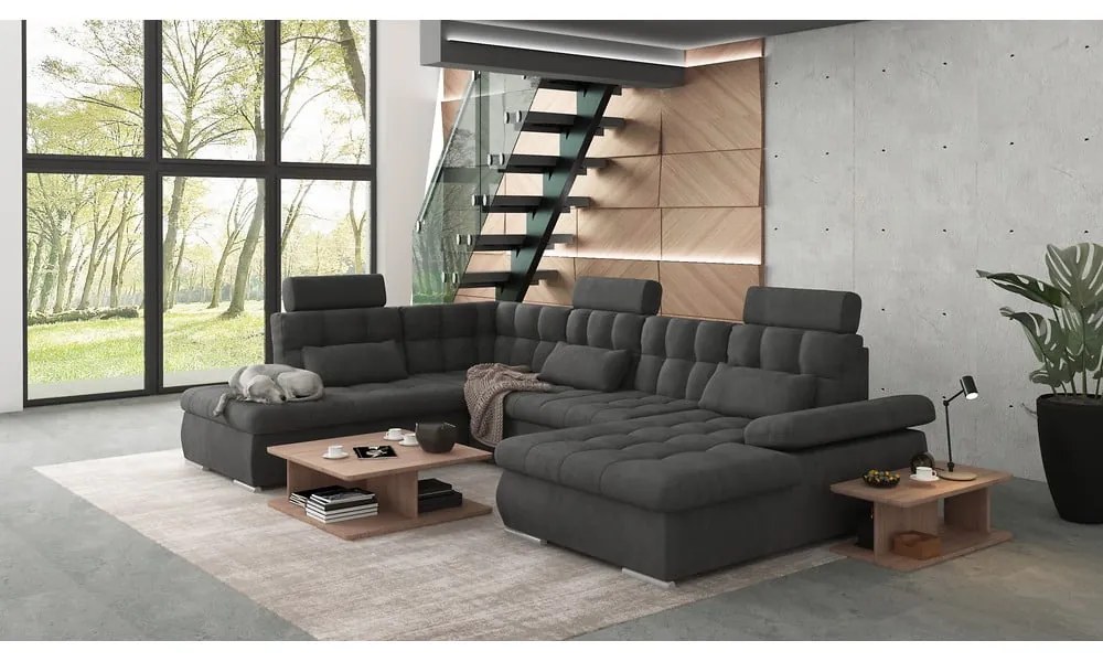 Антрацитен разтегателен ъглов диван с място за съхранение (ляв ъгъл/U форма) Merkur – Ropez