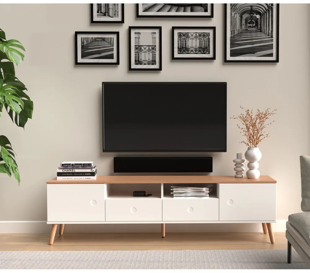 Бяла маса за телевизор с дъбови крака, широчина 192 cm Dot - Tenzo