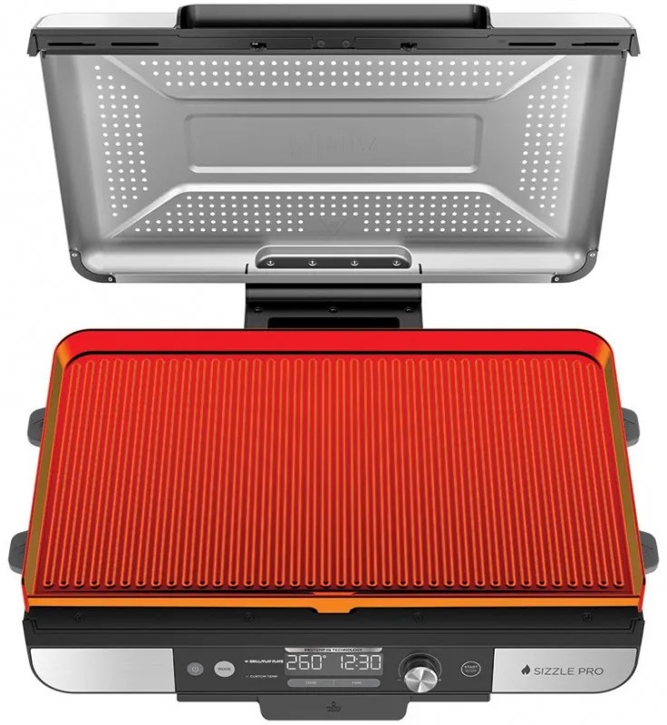 Електрически грил Ninja Sizzle Pro XL GX101EU, 1800W, 120°-260°C, 2 керамични плочи, 10 бургера, ProTemp IQ, Сваляем капак, Черен/инокс