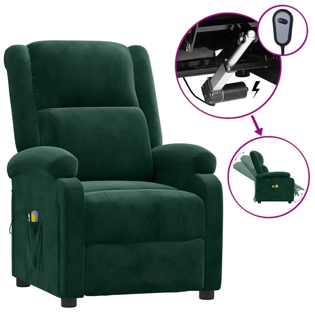 3098406 vidaXL Електрически масажен стол, тъмнозелена, кадифе