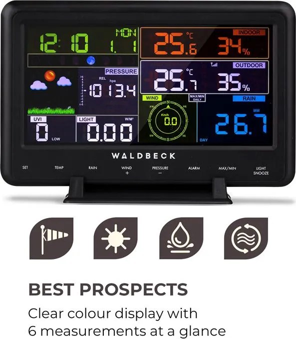 Waldbeck Huygens, професионална метеорологична станция, 6 в 1, цветен дисплей, WiFi, апликация