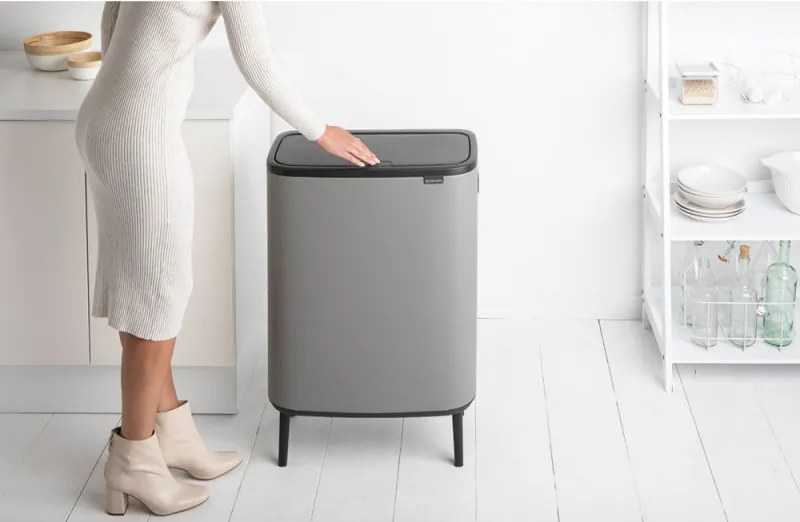 Кош за боклук Brabantia Bo Touch Hi 1001266, 2x30 л, Плътно прилепване към стена, Реглаж на краката, Минерално покритие, Сив