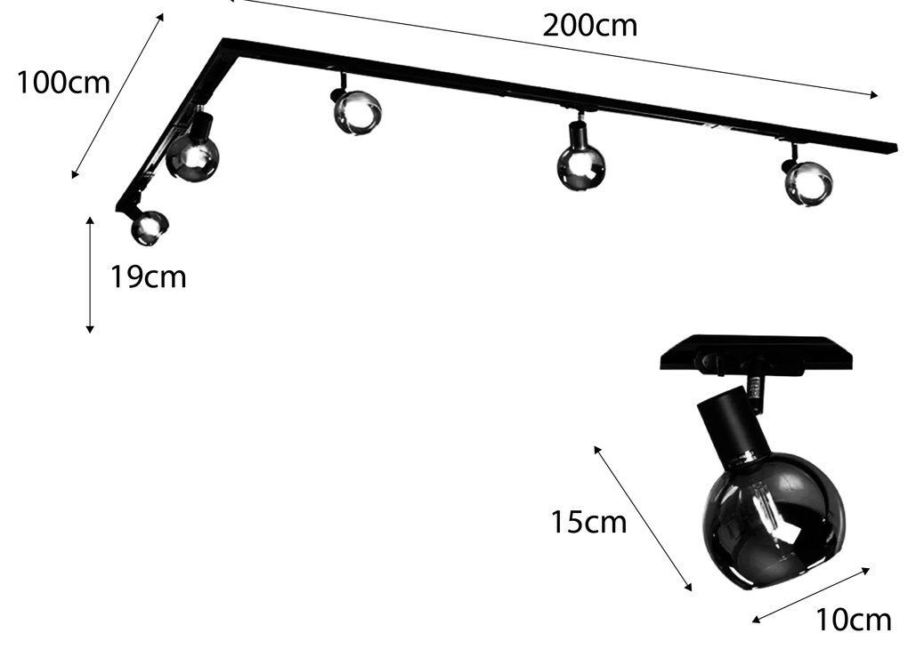 Модерна релсова система за осветление с 5 черни прожектора 1-фазов - Iconic Lava