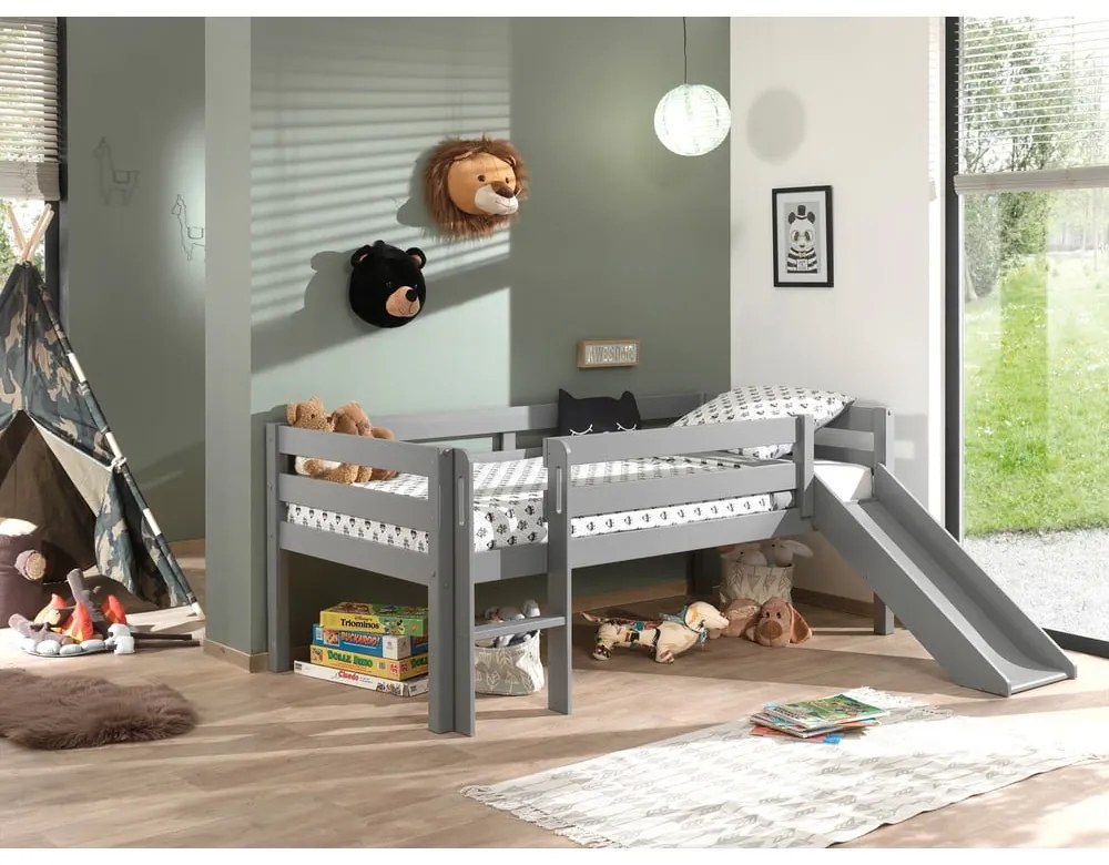 Сиво повдигнато легло за деца с пързалка , 90 x 200 cm Pino - Vipack